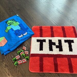 Minecraft bathroom decor/ shower curtain, bath mat and curtains hooks